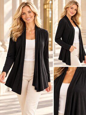 Laura Scott Black Open Front Draped Shawl Collar Cardigan Small
